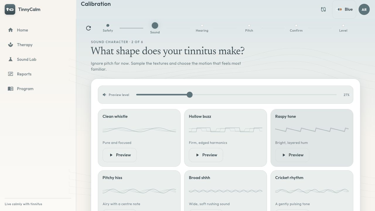 HearHush calibration screen with familiar tinnitus sound shapes to preview and compare