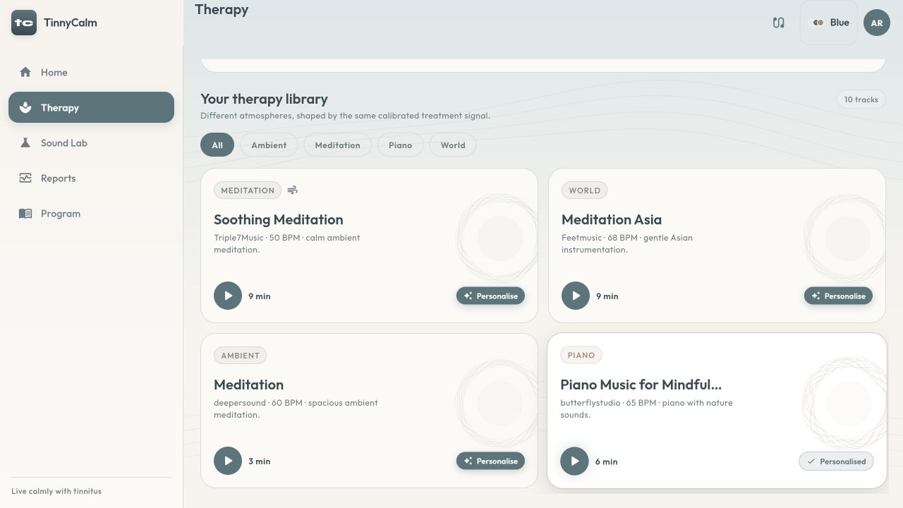 HearHush therapy library showing playable and personalised tracks with clear durations and controls