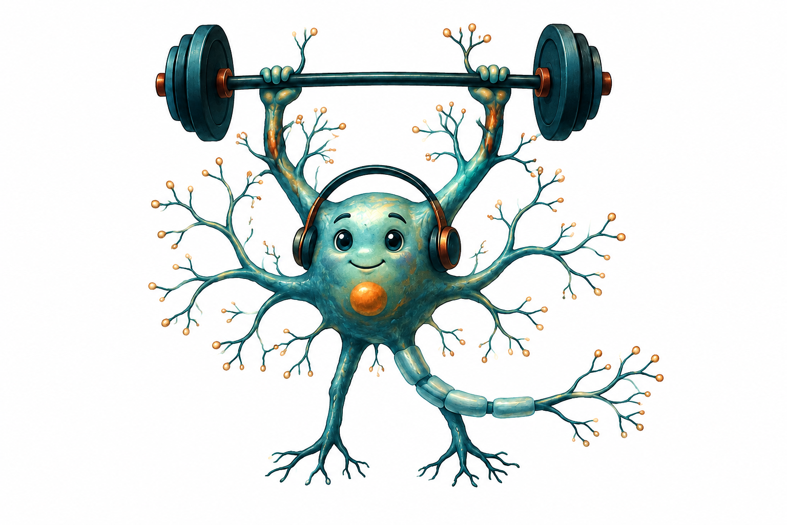 A friendly teal neuron character wearing headphones and lifting a barbell with its branching arms.