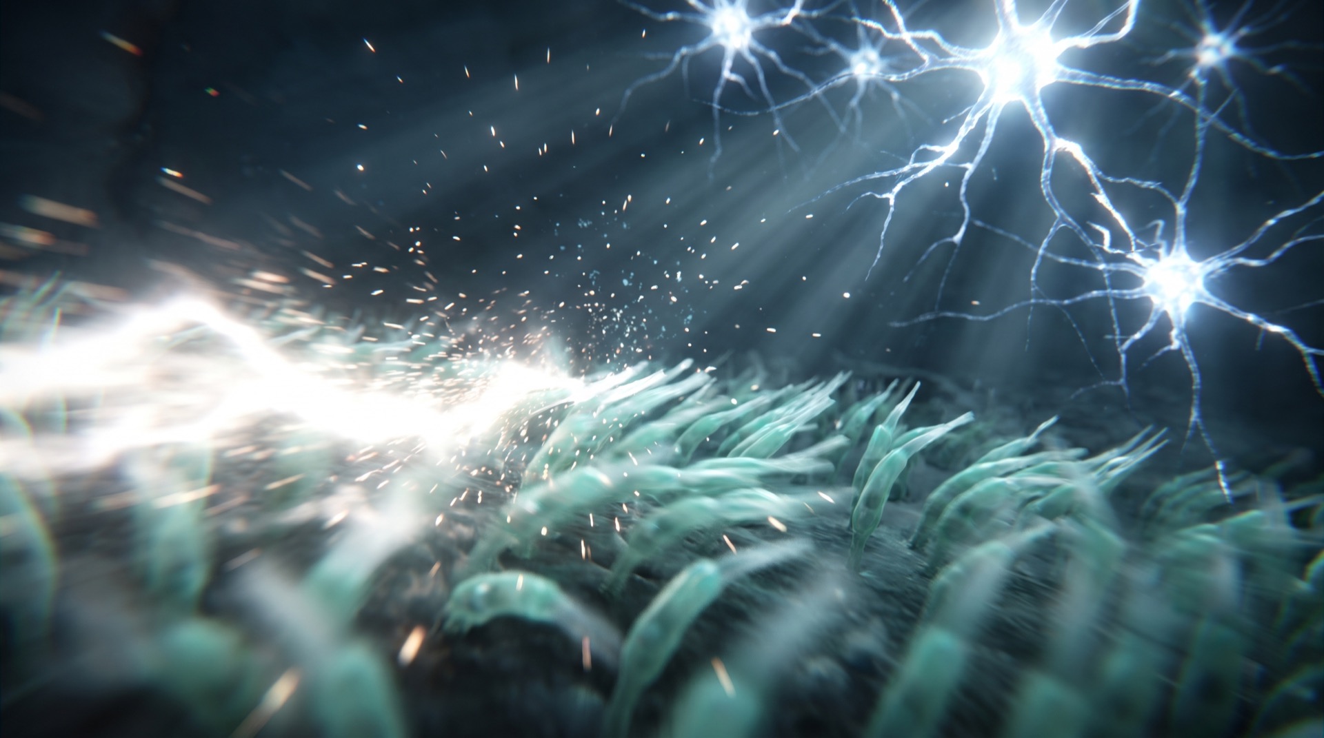 A shockwave of sound tearing through the field of filaments