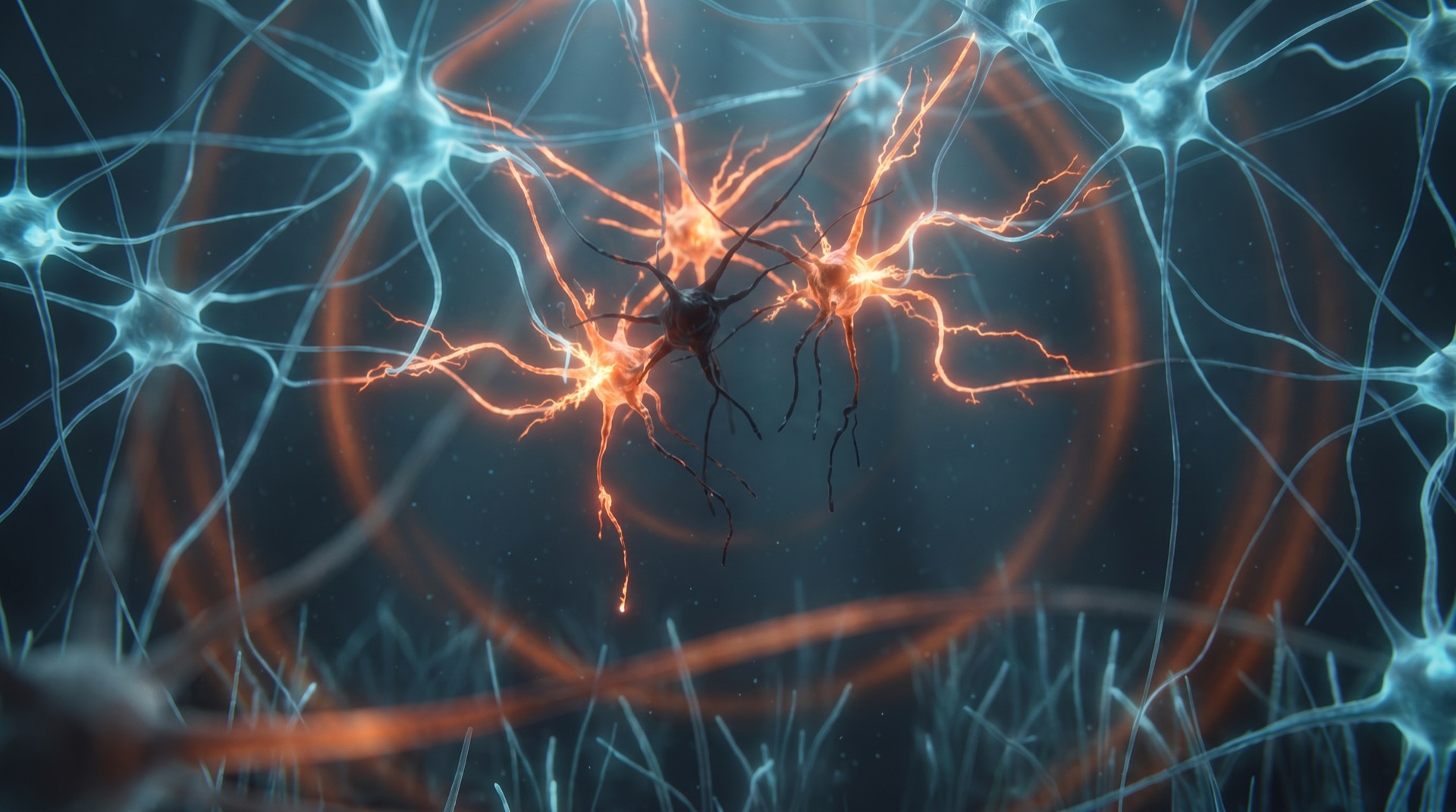 Neurons around the hole firing in fierce orange synchronised bursts